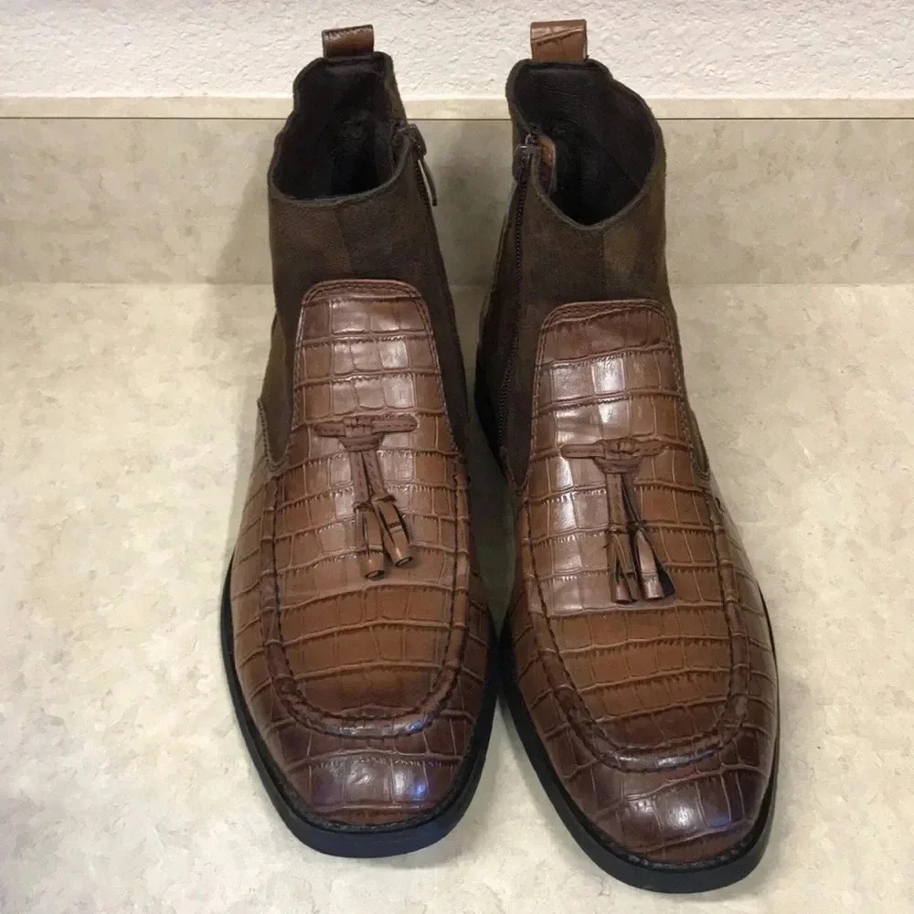 Chukka Brown‎ Two Tone PU Leather Alligator Tassel Ankle Boots - Picture 2 of 12